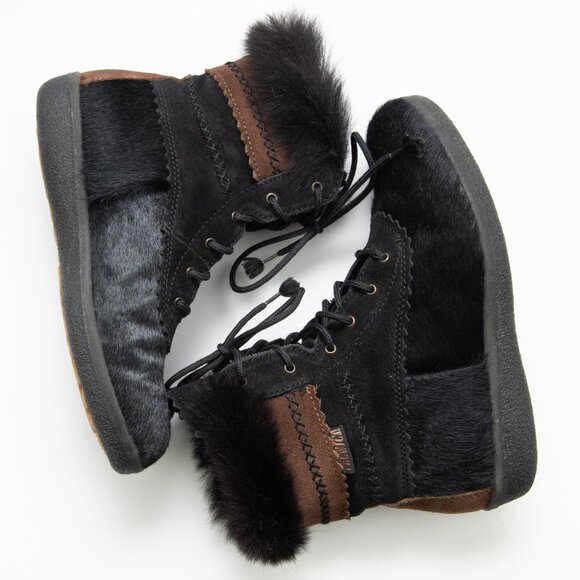 Tecnia Fur Snow Boots Cowhide Vintage 1990s Black Brown Size 38 New Without Box - Picture 2 of 9